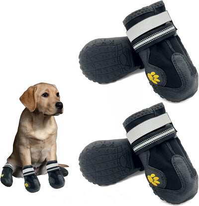 Dog Shoes, with Reflective Strip, Waterproof Dog Boots, Solid and Non Slip Soles, Suitable for Small and Medium Sized Dogs and Large Dogs, Dog Boots 4-Piece Set, Black, Large: 3.35 X3.07In