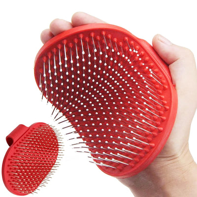 Dog Grooming Brush, Pet Shampoo Brush, Hand-Held Rubber Tipped Pin Brush for Dogs & Cats, Cat Massage Combs with Adjustable Loop Handle and Stainless Steel Pin Cat Brush for Shedding (Red)