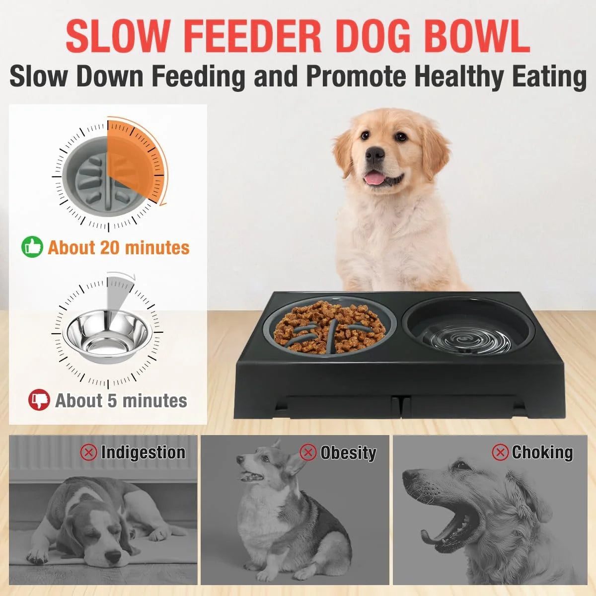 Elevated Dog Bowls, Raised Slow Feeder Dog Bowls Stand with No Spill 5 Height Adjustable, Water Bowl for Small Medium Large Dogs, Cats & Pets