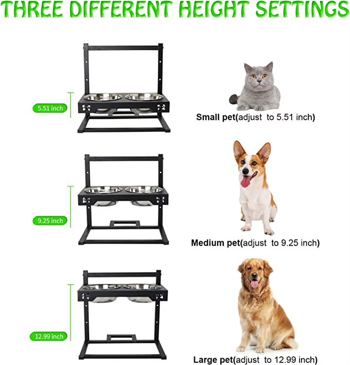 Elevated Dog Bowls, Stainless Steel Raised Dog Bowls Adjustable to 3 Heights, 4.5", 8.5", 12", Antirust Stand for Small Medium Dogs and Pets, Black