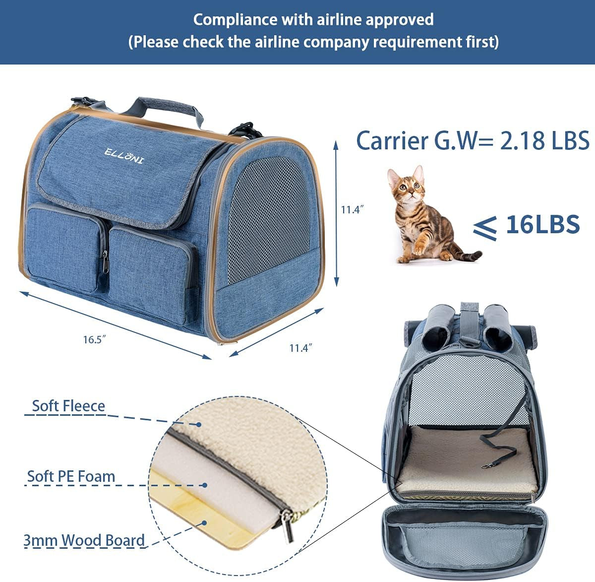 Soft Sided Pet Carrier for Cat - Cat Carrier Airline Approved Underseat- TSA Approved Small Pet Carrier, Portable Pet Carrier Mesh, Top Loading Cat Transport Carrier, Dog Airplane Carrier, Blue