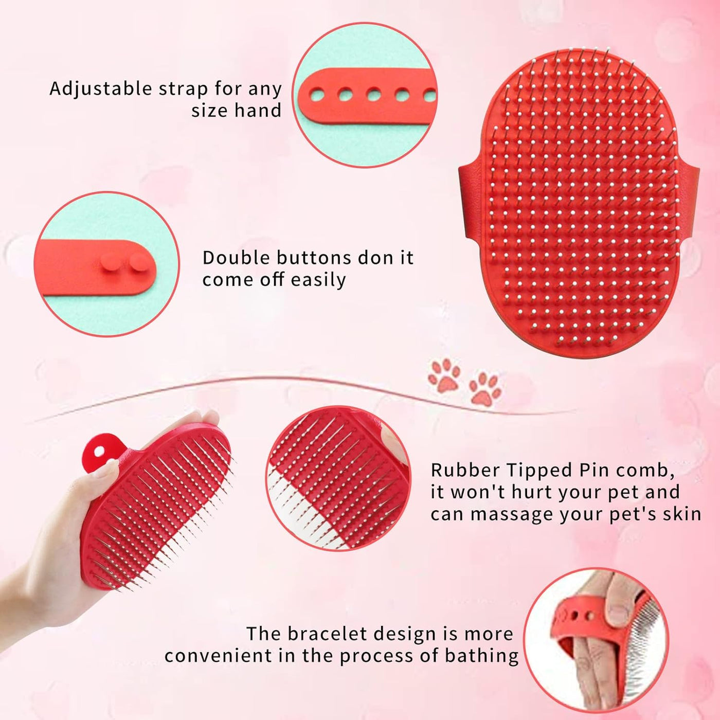 Dog Grooming Brush, Pet Shampoo Brush, Hand-Held Rubber Tipped Pin Brush for Dogs & Cats, Cat Massage Combs with Adjustable Loop Handle and Stainless Steel Pin Cat Brush for Shedding (Red)