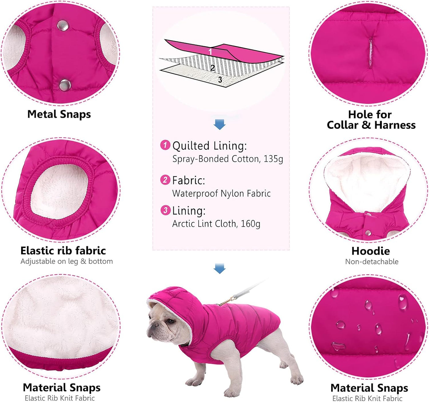 Dog Fleece Hoodie, Windproof Waterproof Dog Coat Fleece & Cotton Lined Warm Dog Jacket, Cold Weather Pet Apparel Clothes Vest for Small Medium Large Dog (2XL: Length 19.7", Chest 22.8"-25.6'', Pink)