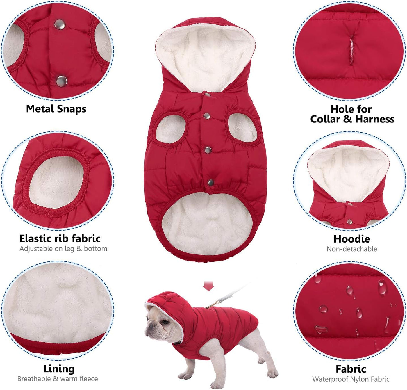 Dog Fleece Hoodie, Windproof Waterproof Dog Coat Fleece & Cotton Lined Warm Dog Jacket, Cold Weather Pet Apparel Clothes Vest for Small Medium Large Dog (2XL: Length 19.7", Chest 22.8"-25.6'', Red)