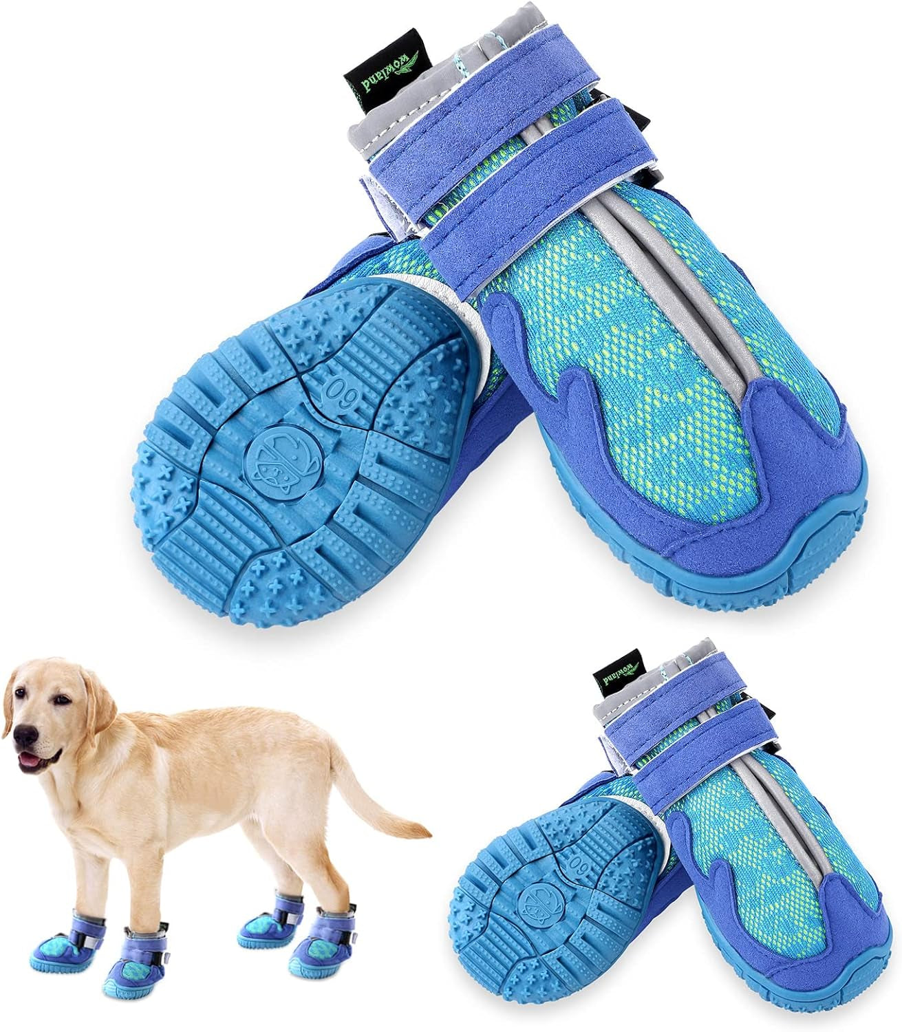 Dog Shoes for Large Medium Small Dogs - Dog Boots for Winter Snow Hot Pavement with Anti-Slip Sole, Sports Breathable Dog Booties Paw Protectors for Hiking Walking, Blue, 4PCS