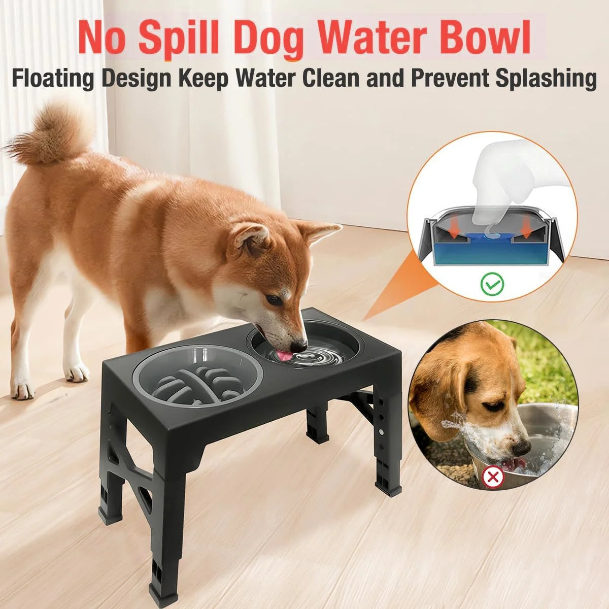 Elevated Dog Bowls, Raised Slow Feeder Dog Bowls Stand with No Spill 5 Height Adjustable, Water Bowl for Small Medium Large Dogs, Cats & Pets