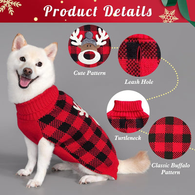 Dog Christmas Sweater Reindeer Small Dog Christmas Sweater Red Buffalo Check with Leash Hole Pet Sweater Dog Christmas Outfit Puppy Sweater,S