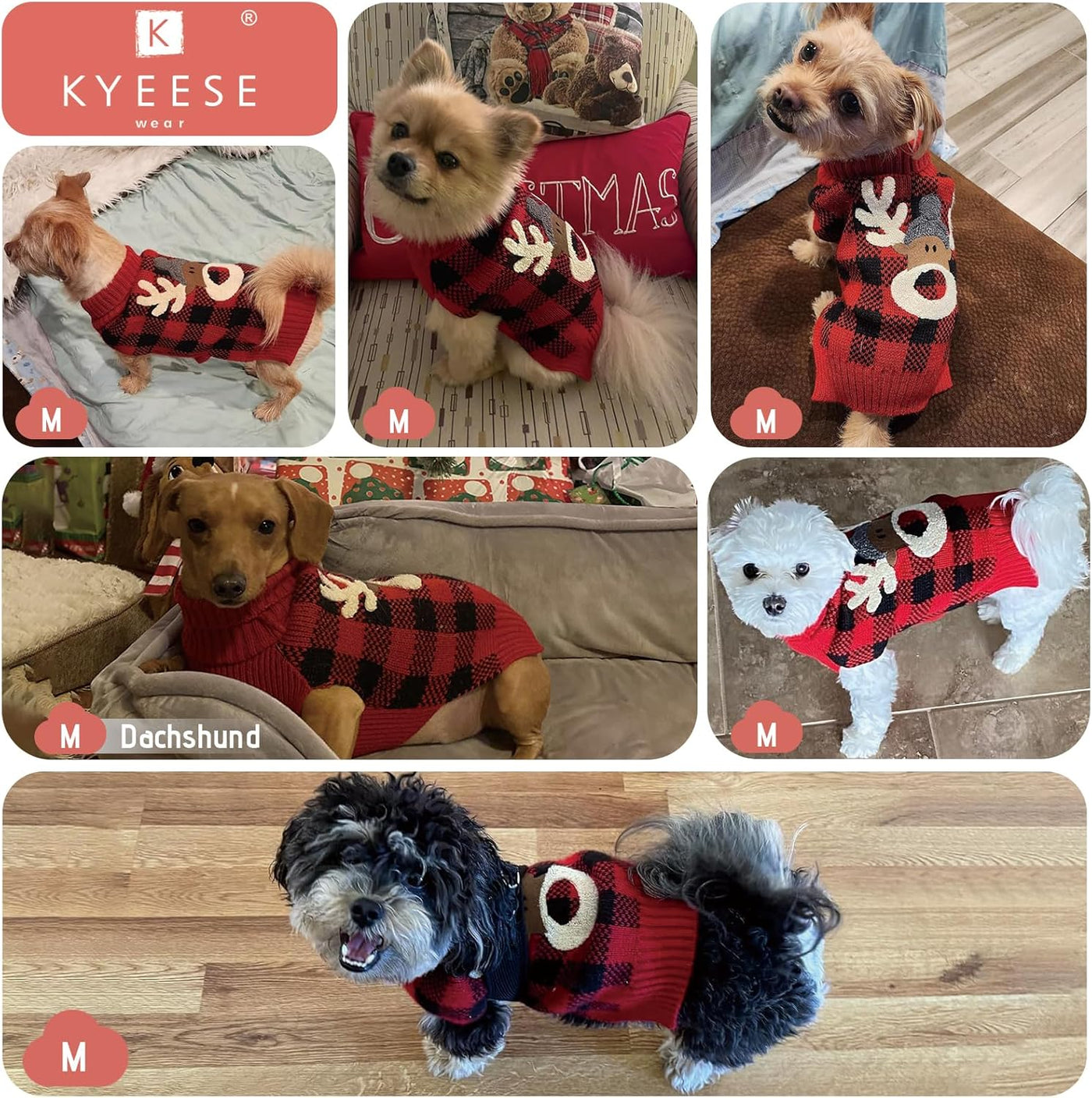 Dog Christmas Sweater Reindeer Small Dog Christmas Sweater Red Buffalo Check with Leash Hole Pet Sweater Dog Christmas Outfit Puppy Sweater,S