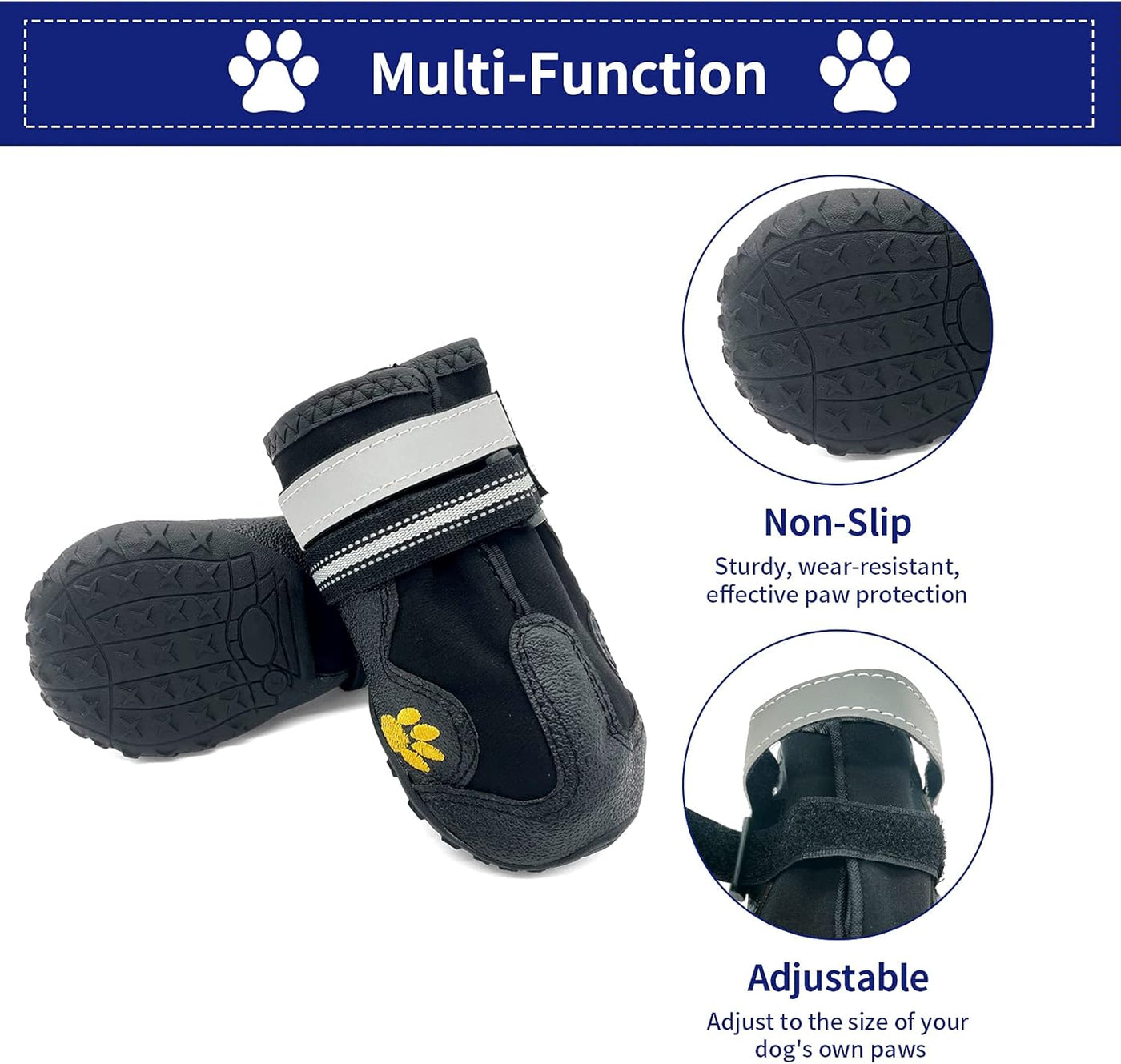 Dog Shoes, with Reflective Strip, Waterproof Dog Boots, Solid and Non Slip Soles, Suitable for Small and Medium Sized Dogs and Large Dogs, Dog Boots 4-Piece Set, Black, Large: 3.35 X3.07In