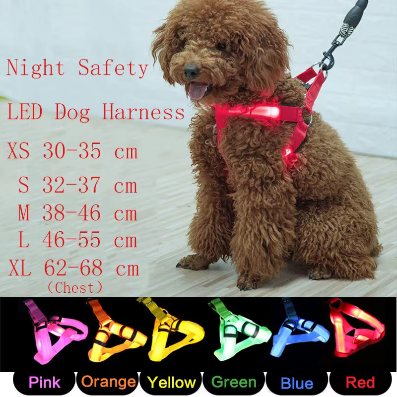 Adjustable LED Dog Harness Usb Rechargeable Flashing Night Safety No Pull Collars Harness for Small Medium Dogs Pets Arnes Perro