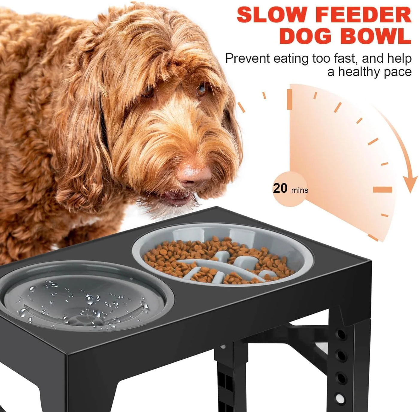 Elevated Dog Bowls, Raised Slow Feeder Dog Bowls Stand with No Spill 5 Height Adjustable, Water Bowl for Small Medium Large Dogs, Cats & Pets