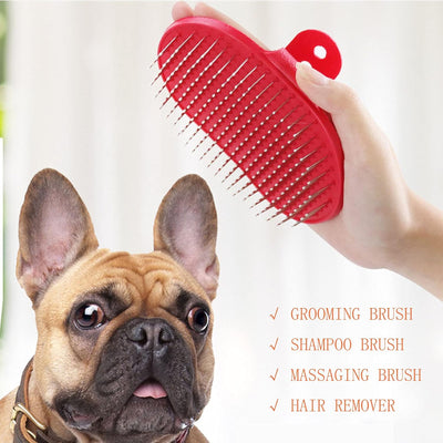 Dog Grooming Brush, Pet Shampoo Brush, Hand-Held Rubber Tipped Pin Brush for Dogs & Cats, Cat Massage Combs with Adjustable Loop Handle and Stainless Steel Pin Cat Brush for Shedding (Red)