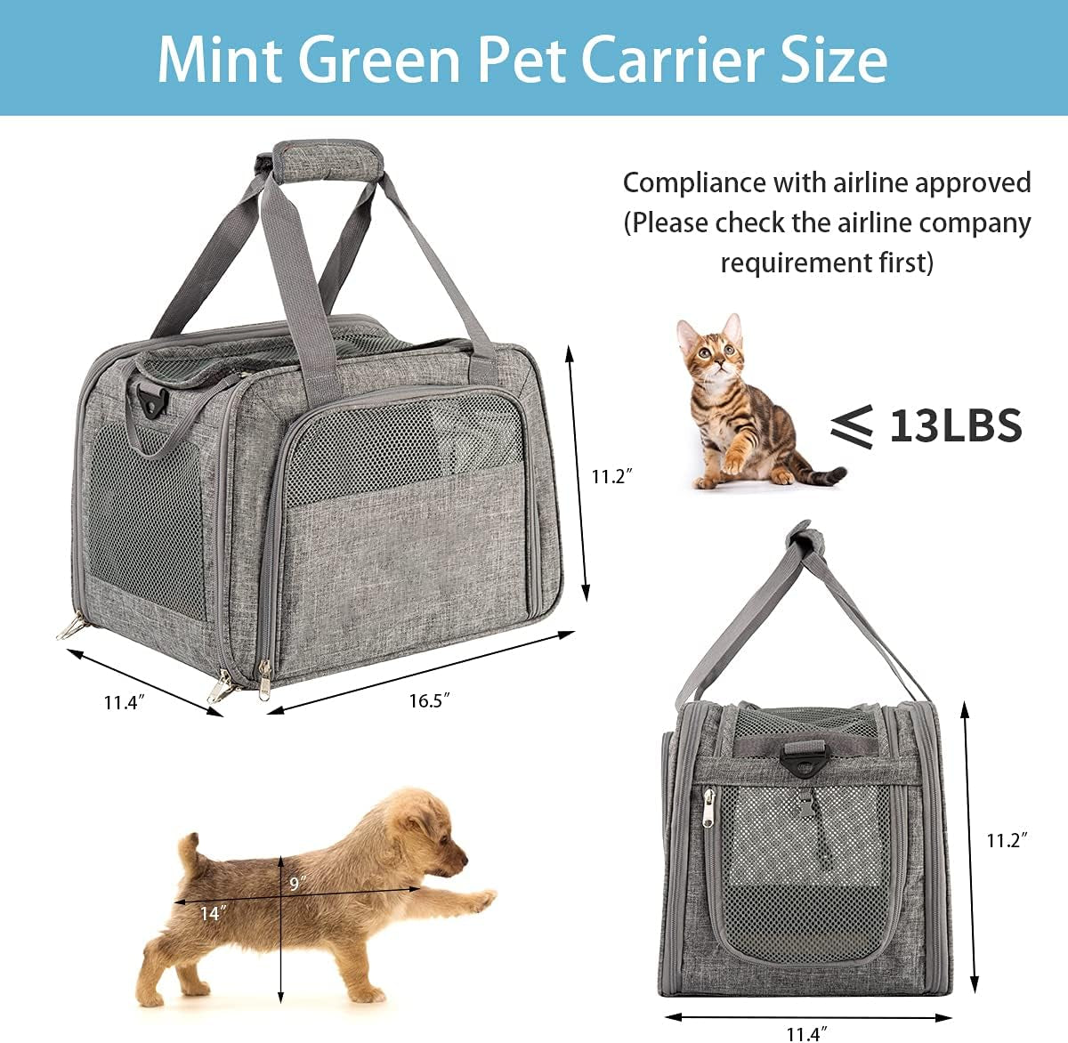 Soft Sided Pet Carrier for Cat - Cat Carrier Airline Approved Underseat- TSA Aprroved Small Pet Carrier for Dogs, Portable Pet Carrier Mesh, Top Loading Cat Carrier, Dog Airplane Carrier, Gray