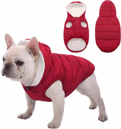 Dog Fleece Hoodie, Windproof Waterproof Dog Coat Fleece & Cotton Lined Warm Dog Jacket, Cold Weather Pet Apparel Clothes Vest for Small Medium Large Dog (2XL: Length 19.7", Chest 22.8"-25.6'', Red)