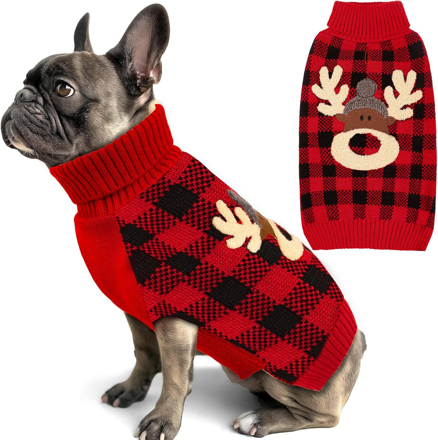 Dog Christmas Sweater Reindeer Small Dog Christmas Sweater Red Buffalo Check with Leash Hole Pet Sweater Dog Christmas Outfit Puppy Sweater,S