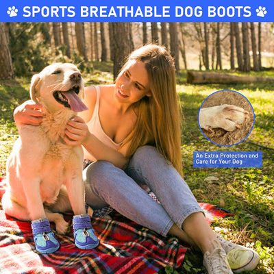 Dog Shoes for Large Medium Small Dogs - Dog Boots for Winter Snow Hot Pavement with Anti-Slip Sole, Sports Breathable Dog Booties Paw Protectors for Hiking Walking, Blue, 4PCS