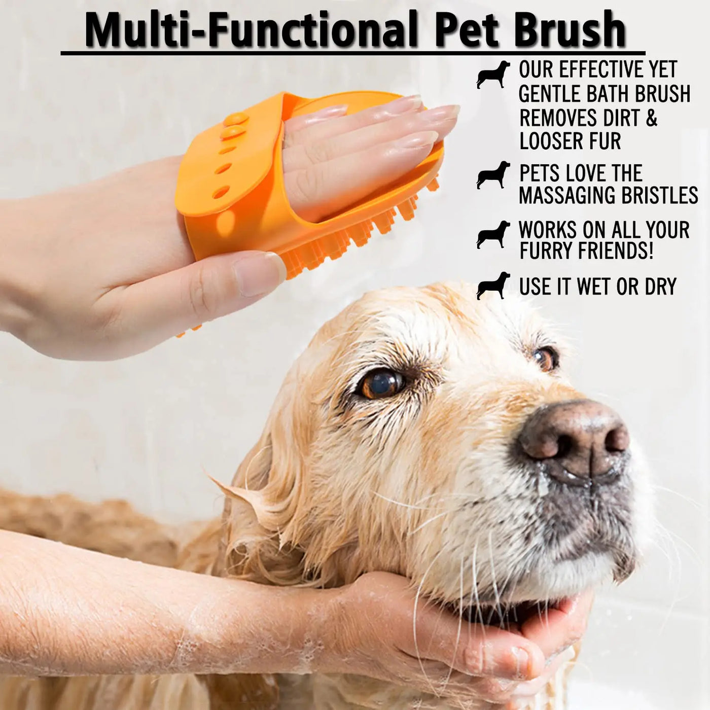 Dog Bath Brush,Dog Grooming Shedding Soothing Massage Rubber Bristles Curry Comb with Adjustable Ring Handle for Pet Dogs& Cats