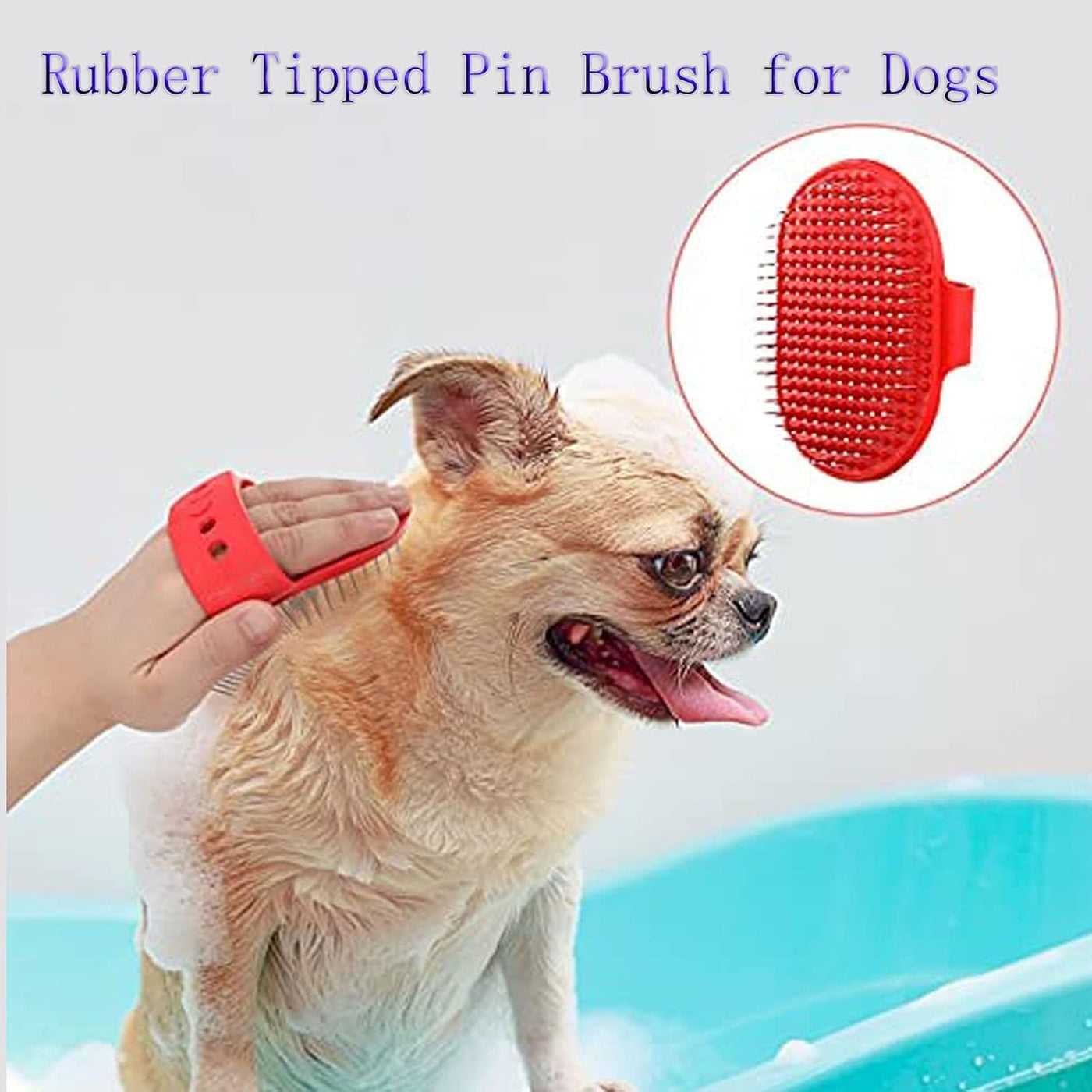 Dog Grooming Brush, Pet Shampoo Brush, Hand-Held Rubber Tipped Pin Brush for Dogs & Cats, Cat Massage Combs with Adjustable Loop Handle and Stainless Steel Pin Cat Brush for Shedding (Red)